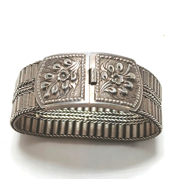 🌸 Rare 1940s Sterling Silver Mesh Bracelet Engraved Forget-Me-Nots 78g Vintage